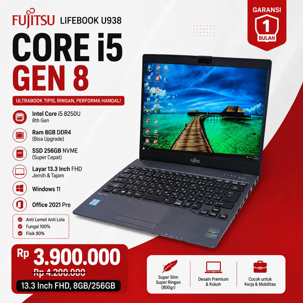 Jual Laptop Seken Pekanbaru - Fujitsu LifeBook U938 Core i5 Gen 8